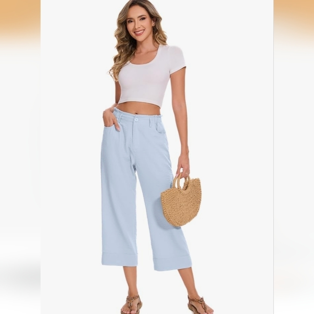 FUNYYZO Women Summer Capri Pants Trousers Pants Waist Wide Leg Casual